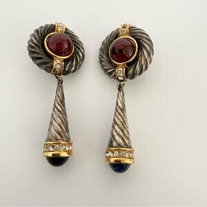 Givenchy Faux Sapphire Ruby Silver & Crystal Dangle Clip On Earrings Vintage